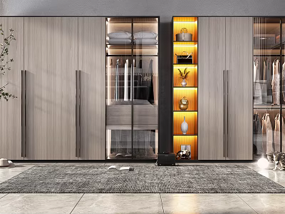 Modern Wooden Wardrobe Interior Design With Glass Doors Storage And Integrated Lighting 3d model