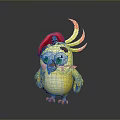 Cute Cartoon Bird Character With Yellow Body Red Hat Green Eyes And Orange Feather Decorations