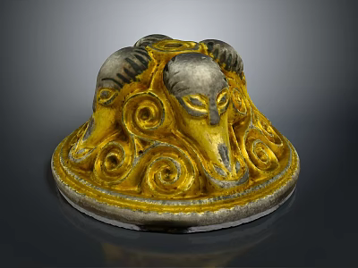 Ornate Three Ram Heads Decorative Artifact With Gold Silver Spiral Patterns 3d model