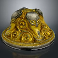 Ornate Three Ram Heads Decorative Artifact With Gold Silver Spiral Patterns