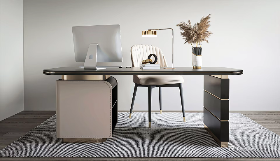 Modern Desk Workspace With Laptop Monitor Table Lamp Accent Chair And Decorative Plant 3d model 