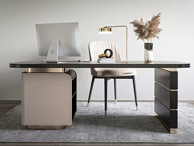 Modern Desk Workspace With Laptop Monitor Table Lamp Accent Chair And Decorative Plant 3d model
