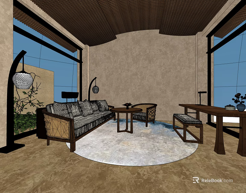 Elegant Hotel Guest Room Interior With Comfortable Sofa Coffee Table Round Rug And Large Windows 3d model 