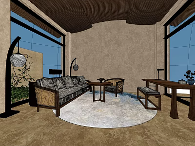 Elegant Hotel Guest Room Interior With Comfortable Sofa Coffee Table Round Rug And Large Windows 3d model
