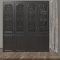 Elegant Modern Dark Wood Decorative Cabinet With Textured Glass Doors And Brass Handles
