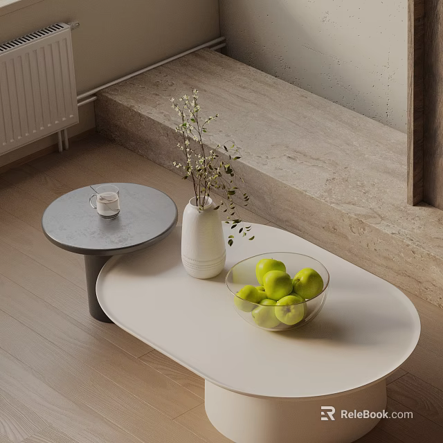 Modern Sofa Coffee Table Set With White Table Green Apples Vase And Side Table On Wooden Floor 3d model 