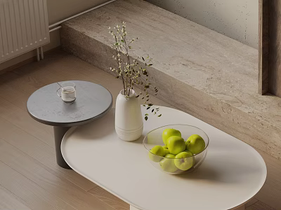 Modern Sofa Coffee Table Set With White Table Green Apples Vase And Side Table On Wooden Floor 3d model
