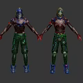 Two Futuristic Character Designs With Blue Helmets White Outfits Holding Hands Standing