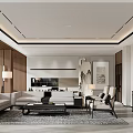 Modern Office Interior With Chinese Ink Painting And Wooden Tea Table Setup