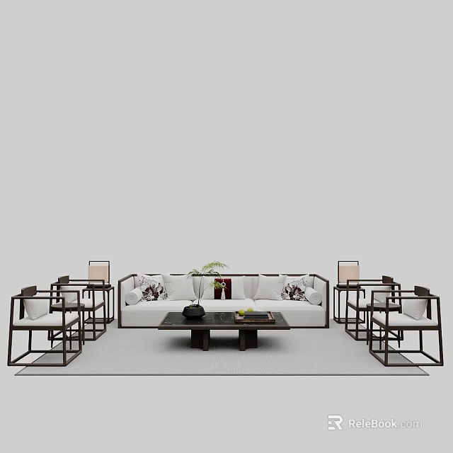 Modern Sofa Coffee Table Set With Cushions Armchairs Side Tables And Plant 3d model