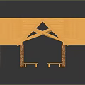 Traditional Pavilion With Yellow Roof Red Brick Pillars And Wooden Benches