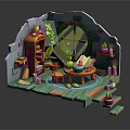 Cartoon Interior Scene Featuring Round Window Wooden Furniture And Potted Plants 3d model