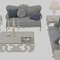 Ornate Classic Sofa Coffee Table Set with Light Upholstery Decorative Pillows Side Tables and Lamps