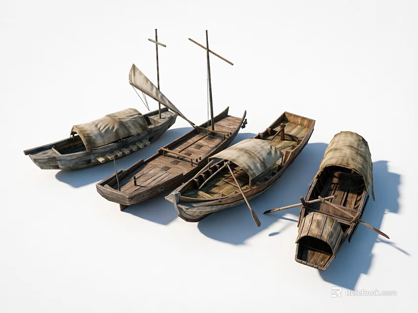 Four Ancient Traditional Wooden Sailboats With Sails And Oars On White Background 3d model 
