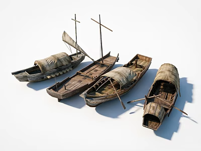 Four Ancient Traditional Wooden Sailboats With Sails And Oars On White Background 3d model