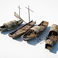 Four Ancient Traditional Wooden Sailboats With Sails And Oars On White Background