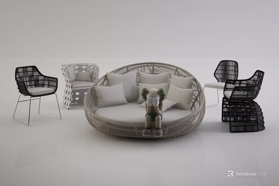 Modern Round Wicker Outdoor Sofa With Cushions And Accompanying Chairs 3d model 