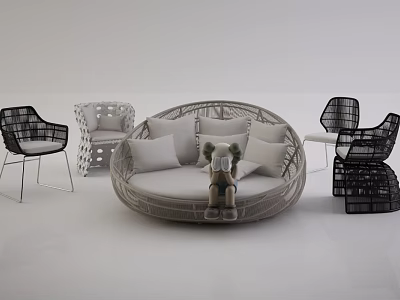 Modern Round Wicker Outdoor Sofa With Cushions And Accompanying Chairs 3d model