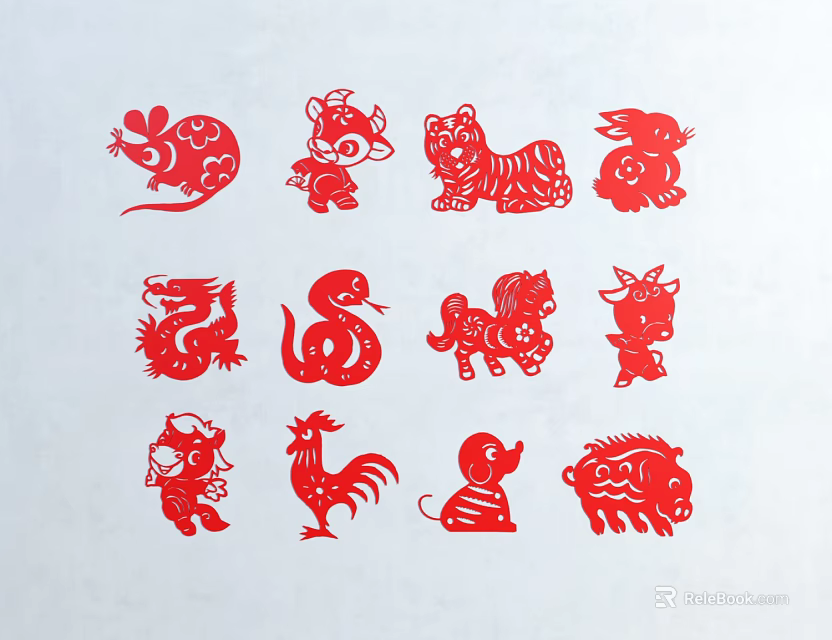 Traditional Chinese Zodiac Red Paper Cut Art Wall Decor for Home 3d model 