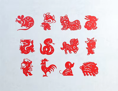 Paper-cut window grilles twelve zodiac origami rat cow tiger rabbit dragon snake horse sheep chicken dog pig 3d model