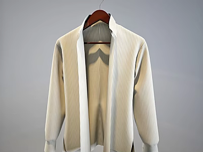 Minimalist Off white Striped Collared Long Sleeved Cardigan Hanging On Wooden Hanger 3d model