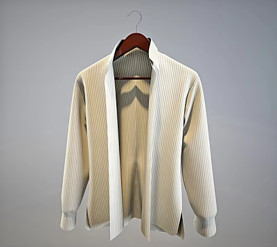 Minimalist Off white Striped Collared Long Sleeved Cardigan Hanging On Wooden Hanger 3d model