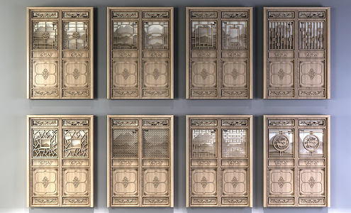 Chinese Double Door Solid Wood Carved Window 3d model