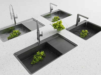 Stainless Steel Kitchen Sinks with Faucets for Vegetable Washing and Fresh Grapes 3d model