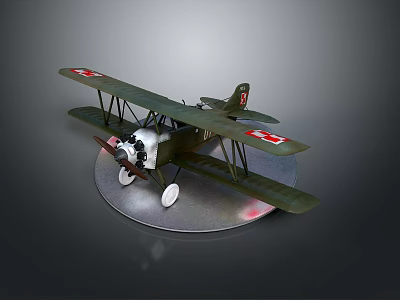 Green Biplane Model With Red Cross Symbols On Circular Base Gray Background 3d model