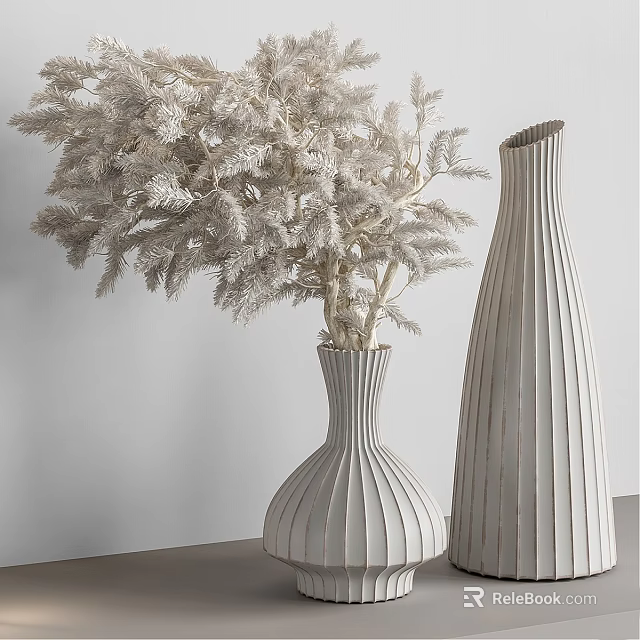 Decorative Ornament Set with White Textured Vases and Feathery Plants for Modern Interior 3d model 