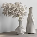 Decorative Ornament Set with White Textured Vases and Feathery Plants for Modern Interior