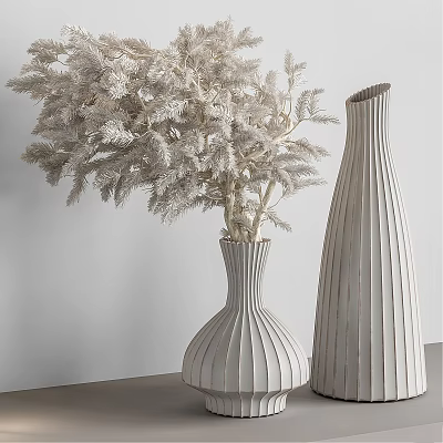 Decorative Ornament Set with White Textured Vases and Feathery Plants for Modern Interior 3d model