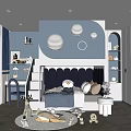 Modern Kids Room With Dark Blue Wall Circular Lights Staircase Bed Study Desk Rug Toys