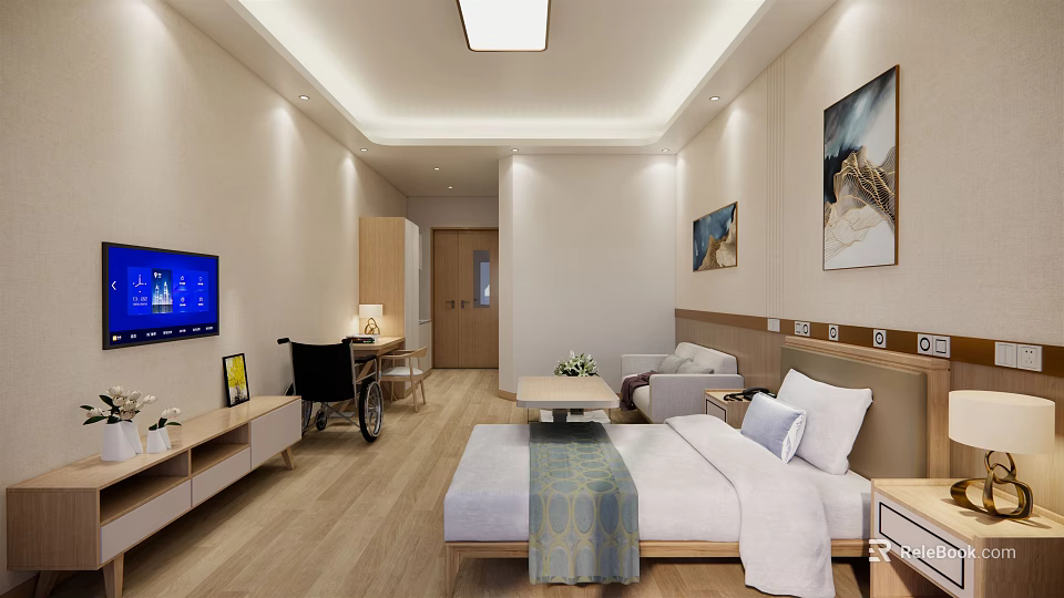 Accessible Nursing Room Interior With Bed Wheelchair TV Sofa And Wooden Floor 3d model 
