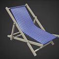 Wooden Frame Lounge Chair With Blue Striped Fabric Seat And Folding Design