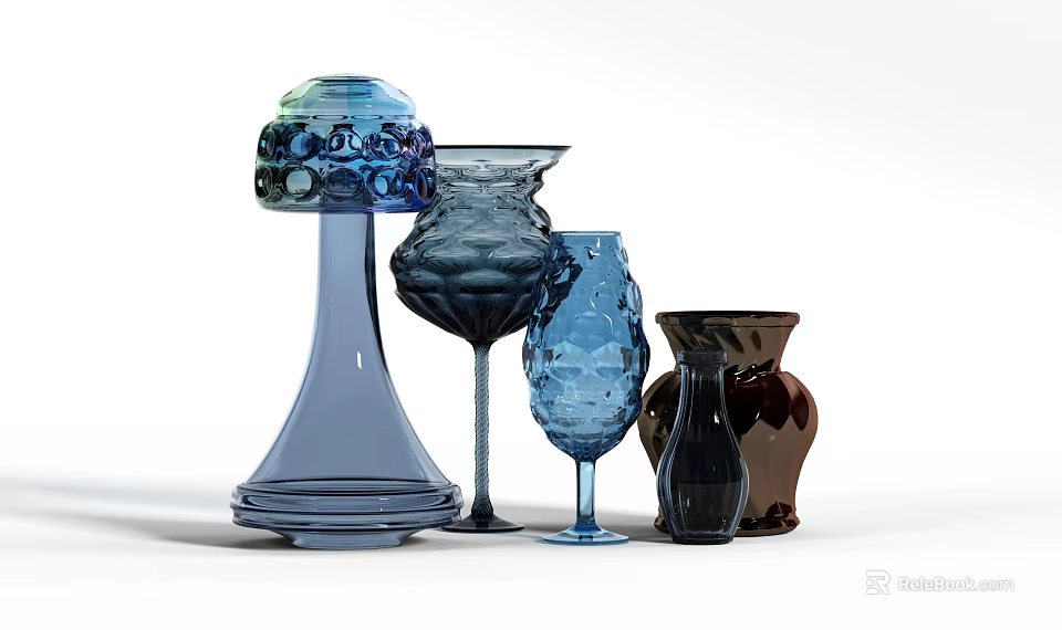 Drink Glassware With Various Shapes Colors Blue Brown And Modern Decorative Design 3d model 