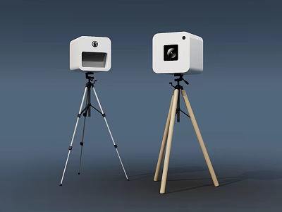 White Square Devices on Metal and Wooden Tripods with Circular Front Panels 3d model