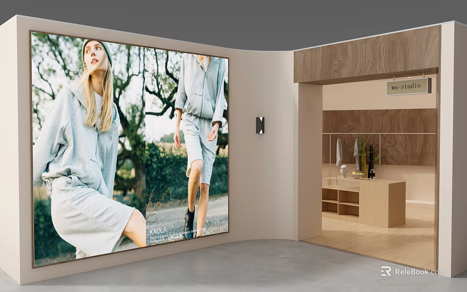 Clothing Store Interior With Large Billboard Models In Light Colored Outfits And Wooden Decor 3d model 