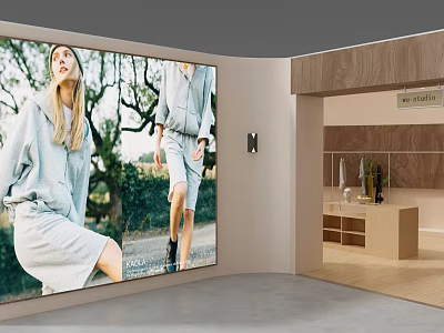 Clothing Store Interior With Large Billboard Models In Light Colored Outfits And Wooden Decor 3d model