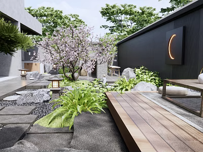 Courtyard Garden Landscape Design With Cherry Tree Stone Lanterns Wooden Deck And Lush Greenery 3d model