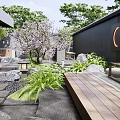 Courtyard Garden Landscape Design With Cherry Tree Stone Lanterns Wooden Deck And Lush Greenery