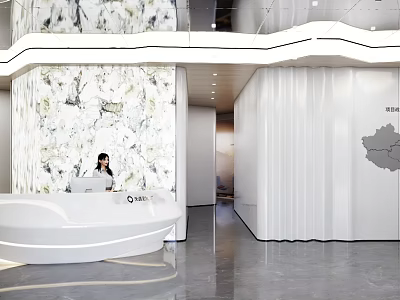 Modern Reception Desk Interior Design With White Counter And Marble Backdrop Wall 3d model