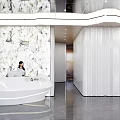 Modern Reception Desk Interior Design With White Counter And Marble Backdrop Wall 3d model