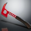 Red Axe With Metallic Head Circular Hole Small Holes And Wooden Handle