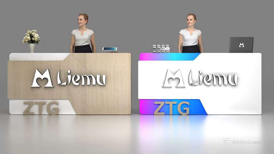 Modern Wooden And Colorful Gradient Reception Desks With Liemu ZTG Logos And Receptionists 3d model 