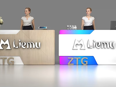 Modern Wooden And Colorful Gradient Reception Desks With Liemu ZTG Logos And Receptionists 3d model