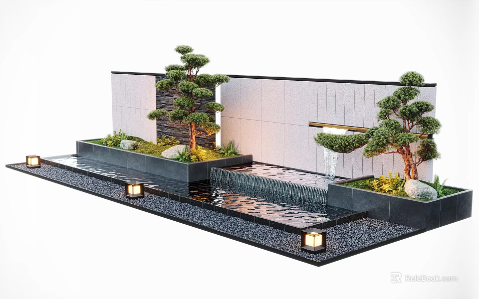 Serene Water Fountain With Cascading Water Pine Trees Lanterns And Stone Wall 3d model 
