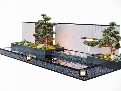 Serene Water Fountain With Cascading Water Pine Trees Lanterns And Stone Wall 3d model