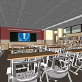 School Classroom Interior With Bright Lighting Wooden Desks Chairs Blackboard And Bookshelves