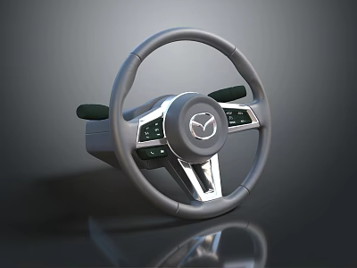 Gray Modern Car Steering Wheel With Mazda Logo Control Buttons And Silver Accents 3d model